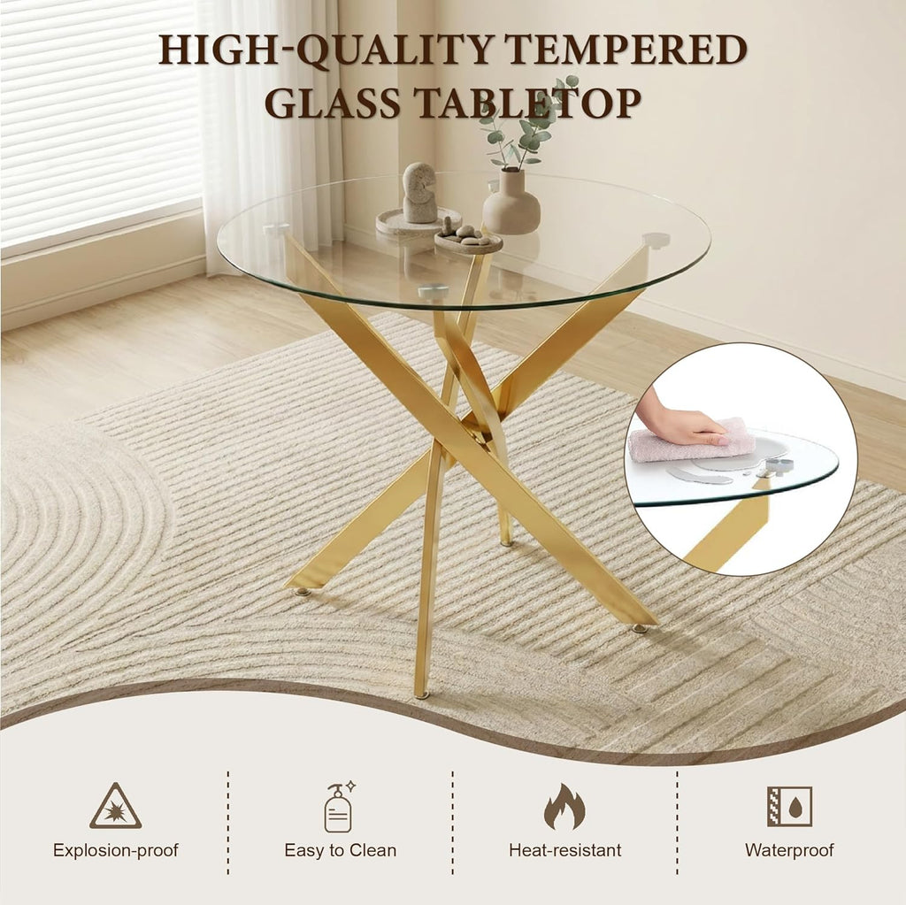 5 Piece Round Glass Dining Table Set for 4, Modern Tempered Glass Top Kitchen Table with 4 Upholstered Chairs, Space-Saving Dining Set for Small Apartment, Gold & Gold