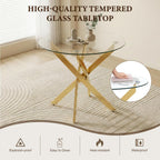 5 Piece Round Glass Dining Table Set for 4, Modern Tempered Glass Top Kitchen Table with 4 Upholstered Chairs, Space-Saving Dining Set for Small Apartment, Gold & Gold