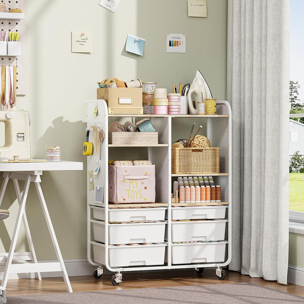 6-Drawer Rolling Storage Cabinet with Wooden Top & Pegboards，Utility Craft Cart with 2 Adjustable Shelves and Lockable Wheels,Mobile Organizer for School Dorm,Classroom,Artroom,Craftroom (White)