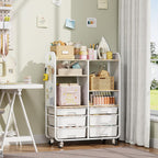 6-Drawer Rolling Storage Cabinet with Wooden Top & Pegboards，Utility Craft Cart with 2 Adjustable Shelves and Lockable Wheels,Mobile Organizer for School Dorm,Classroom,Artroom,Craftroom (White)