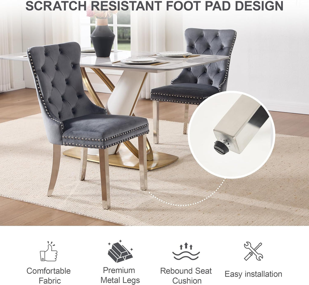 Velvet Dining Chairs Set of 4, Upholstered Dining Room Chairs with Tufted Back & Pull Ring, Modern Kitchen and Dining Chairs, Accent Chairs with Metal Legs (Dark Gray + Silver, Set of 4)