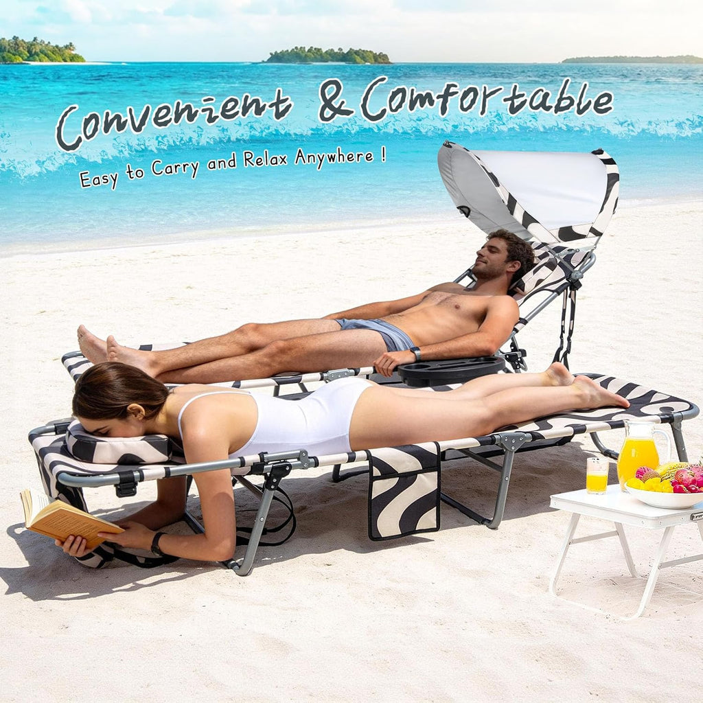 Tanning Chair with Face Hole for Adults, Outdoor Folding Lounge Chair with Canopy and Side Table for Phone Drink Tablet, 4 Position Adjustable Backrest, Lay Flat Chaise Lounger for Beach Patio Pool