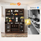 70.9" Tall Kitchen Pantry Cabinet with Outlet & LED Lights, 54.3" Wide Kitchen Storage Cabinet with Wine Rack, Farmhouse Coffee Bar Station with Pegboard, Buffet Sideboard (Brown)