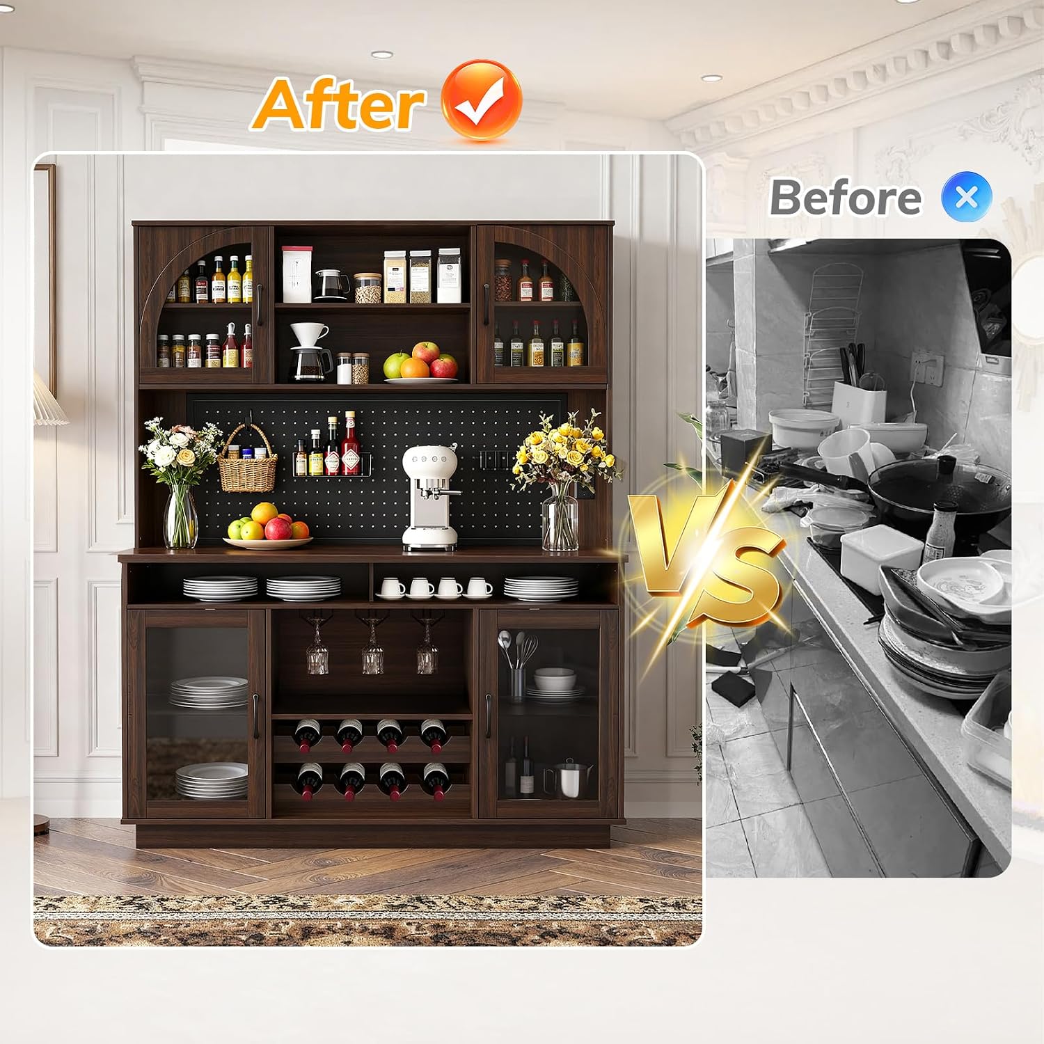 70.9" Tall Kitchen Pantry Cabinet with Outlet & LED Lights, 54.3" Wide Kitchen Storage Cabinet with Wine Rack, Farmhouse Coffee Bar Station with Pegboard, Buffet Sideboard (Brown)
