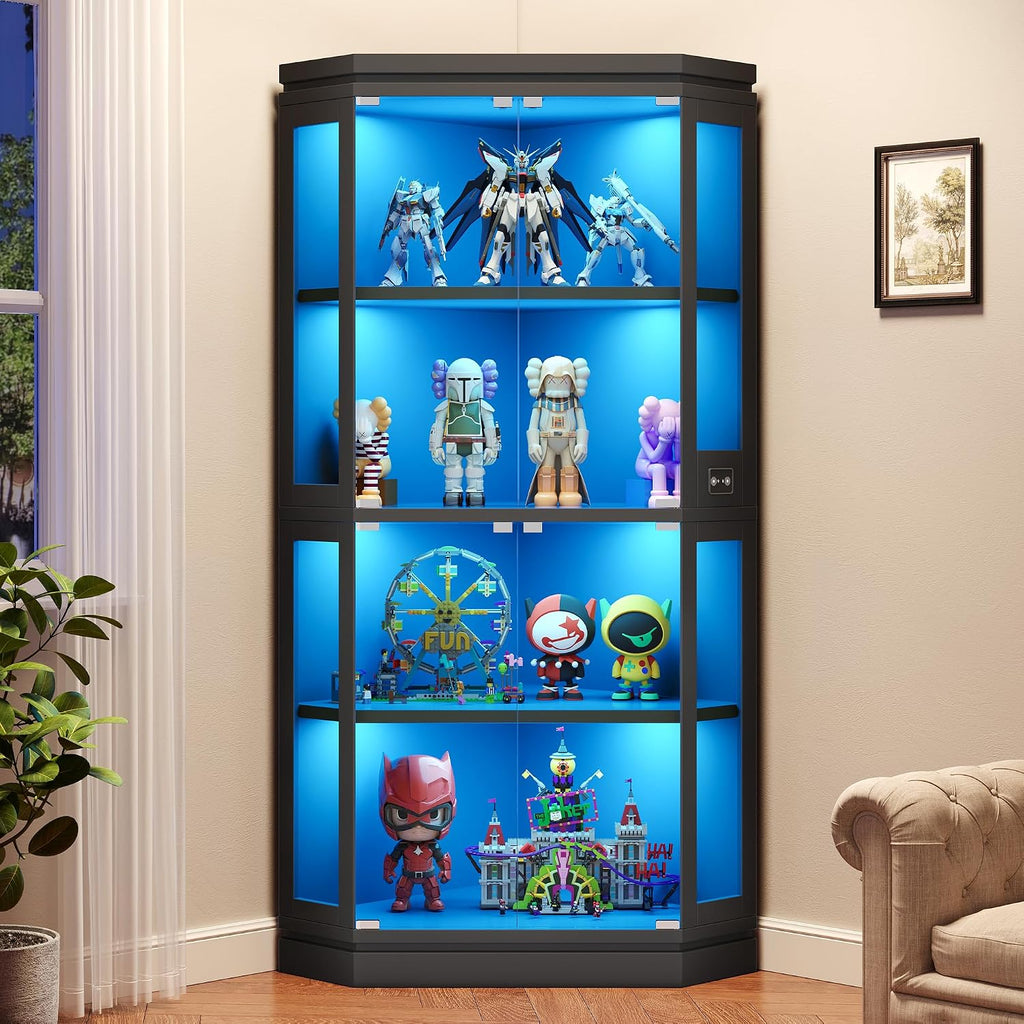 Jocoevol Corner Display Cabinet with 4 Glass Doors, 4-Tier Display Cases with RGB Lights for Collectibles, 67'' Tall Corner Curio Cabinet with Human Body Sensor for Living/Game Room (Black)