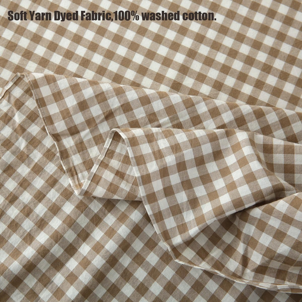 Silnuo Taupe/White Plaid Bed Skirt Washed Cotton Shabby Gingham Checkered Dust Ruffle King Size 14" Bedding(1 Bed Skirt Only)