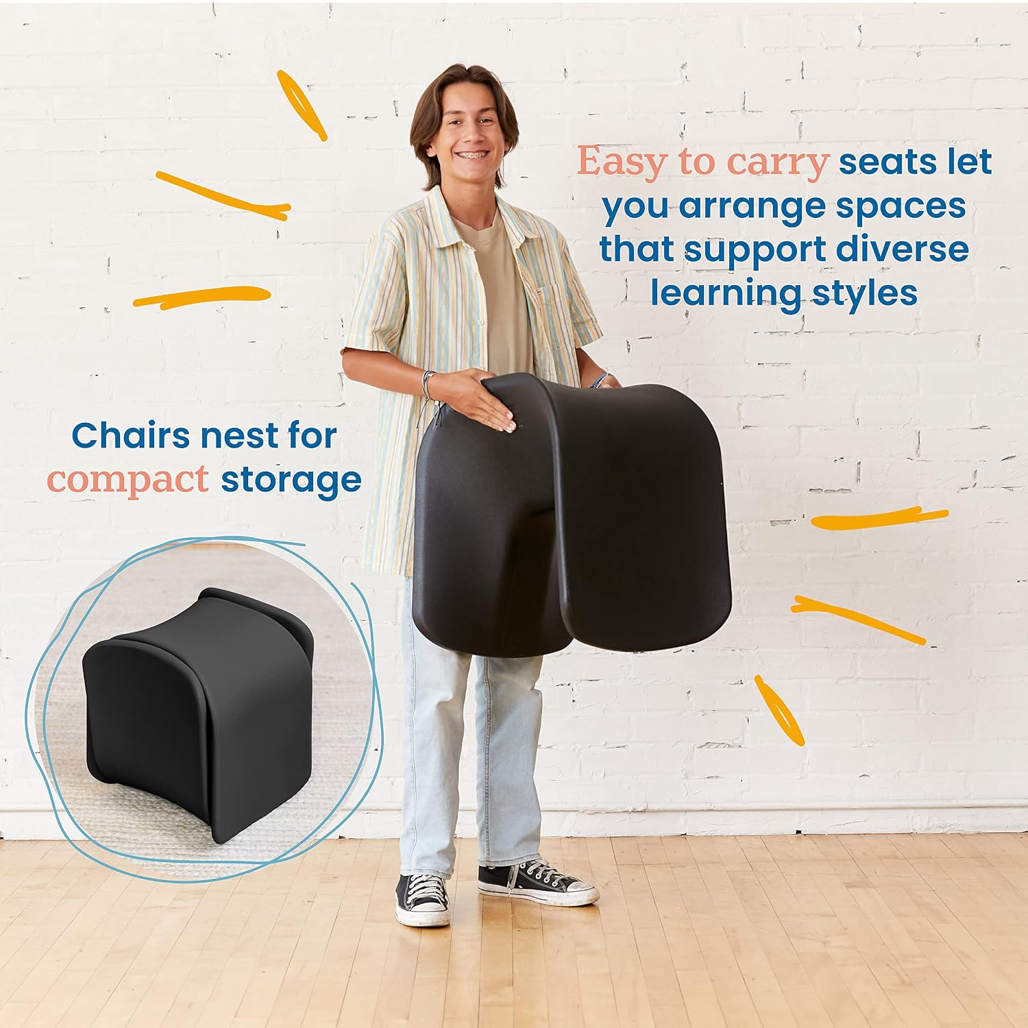 ECR4Kids Wave Seat Perch Stool, 18in - 19.6in Seat Height, Flexible Seating, Black