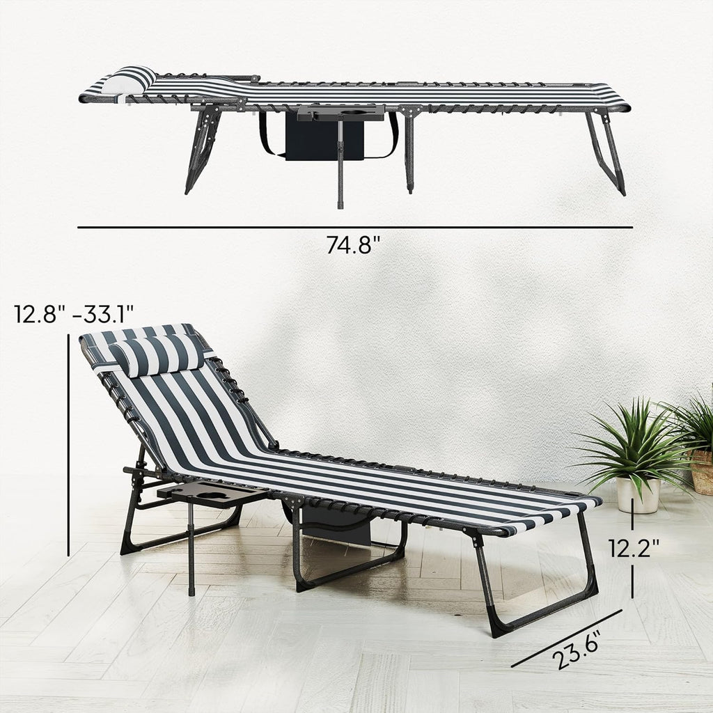Outsunny Folding Chaise Lounge Chair Outdoor Tanning Chair with Side Table, 5-Level Adjustable Beach Lounge Chair with Headrest, Side Pocket for Patio, Backyard, Beach, Poolside, Blue and White
