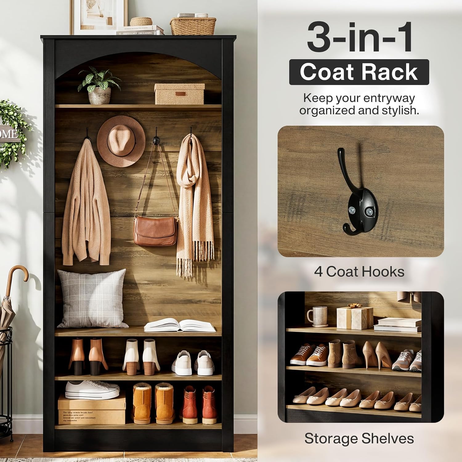 Tribesigns 74.8" Hall Tree with Shoe Storage, 3-Tier Narrow Shoe Rack with Coat Rack, Farmhouse Hall Tree with 4 Double Coat Hooks for Entryway, Hallway, Black and Brown