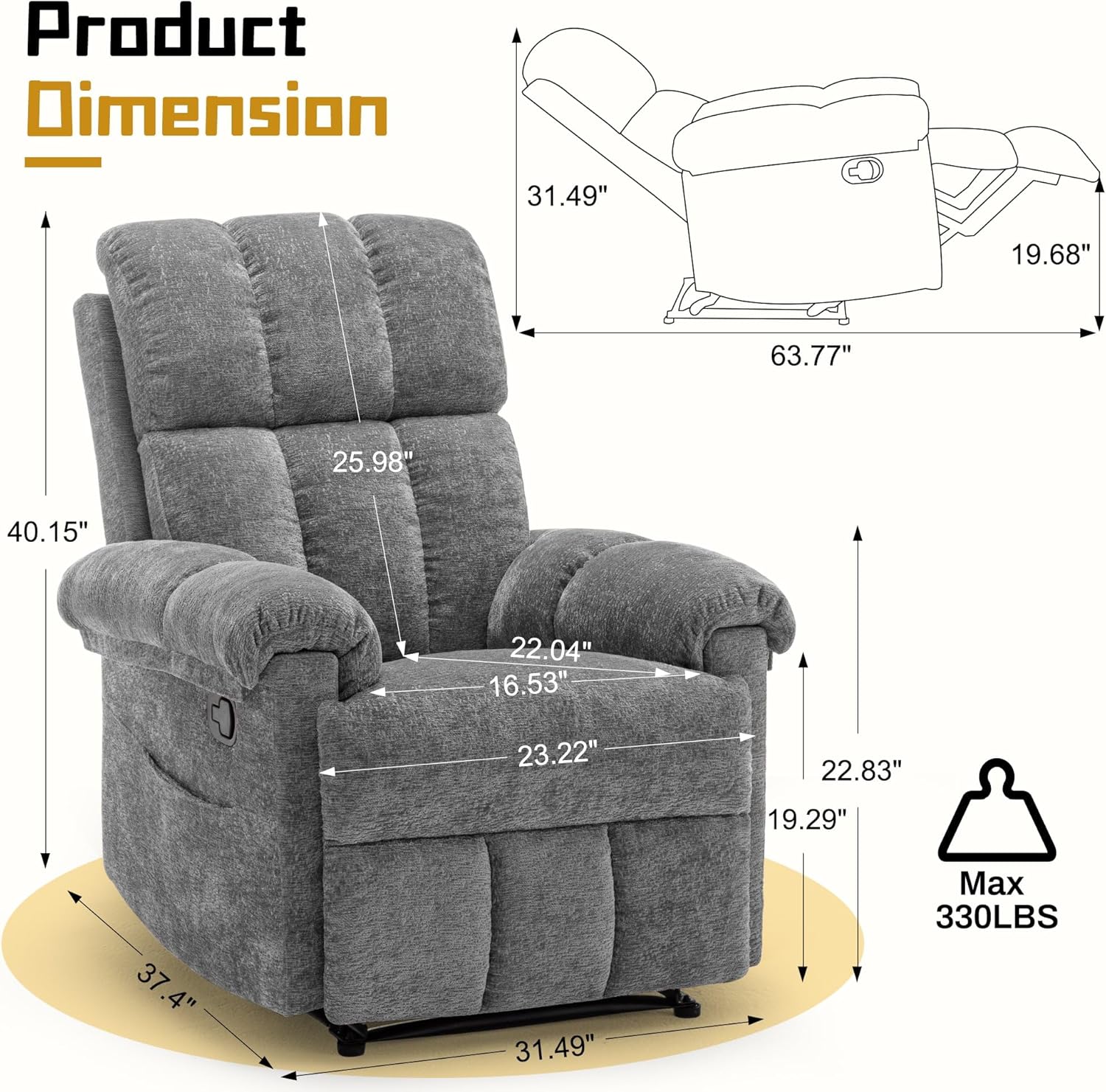 Korser Recliner Chair, Living Room Recliner Chairs for Adults, Small Recliners for Small Spaces, Upholstered Manual Recliner with Side Pockets, Modern Nursery Chair for Living Room, Chenille, Grey
