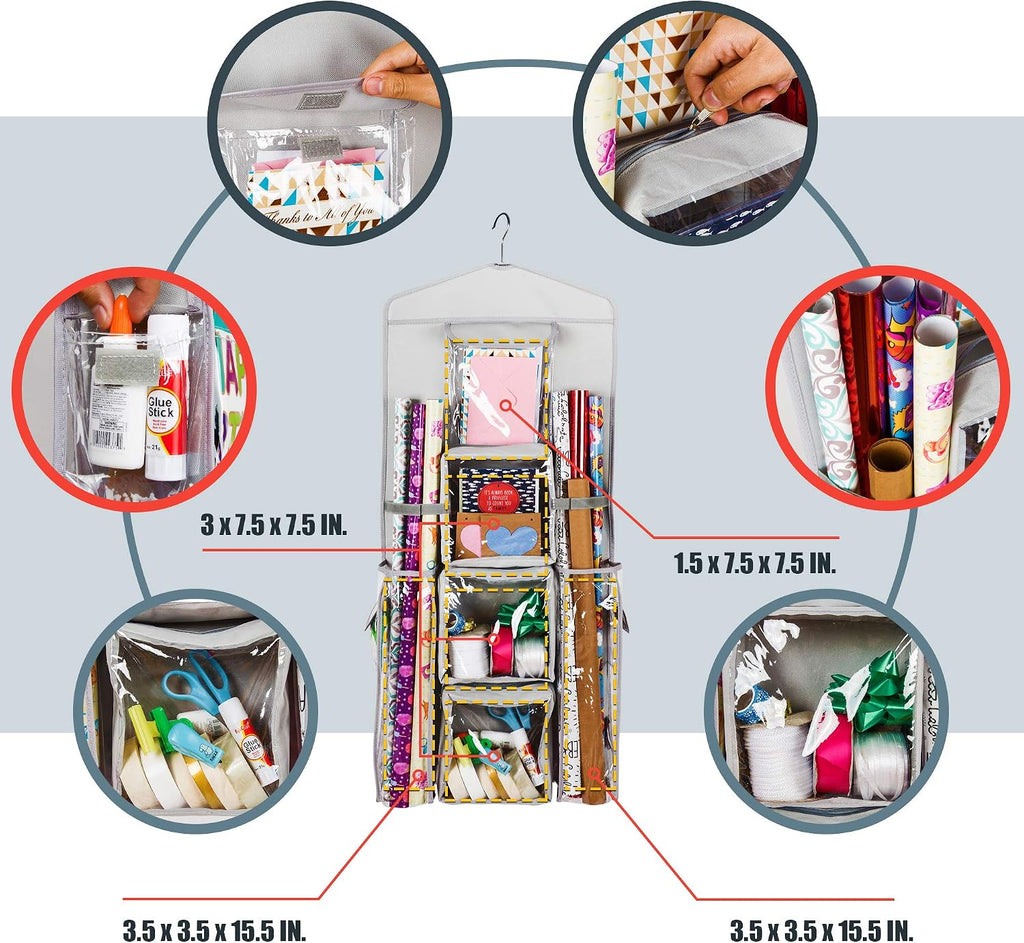 Double-Sided Hanging Gift Bag and Gift Wrap Organizer (Light Grey)