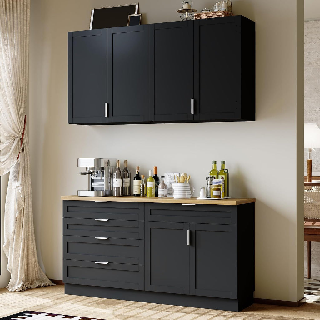 WOODTIME Wall Mounted Cabinet and Pantry with Countertop, Wooden Modern 2 Piece Kitchen Storage Cabinet with Drawers & Shelves for Dining Room Living Room, Black