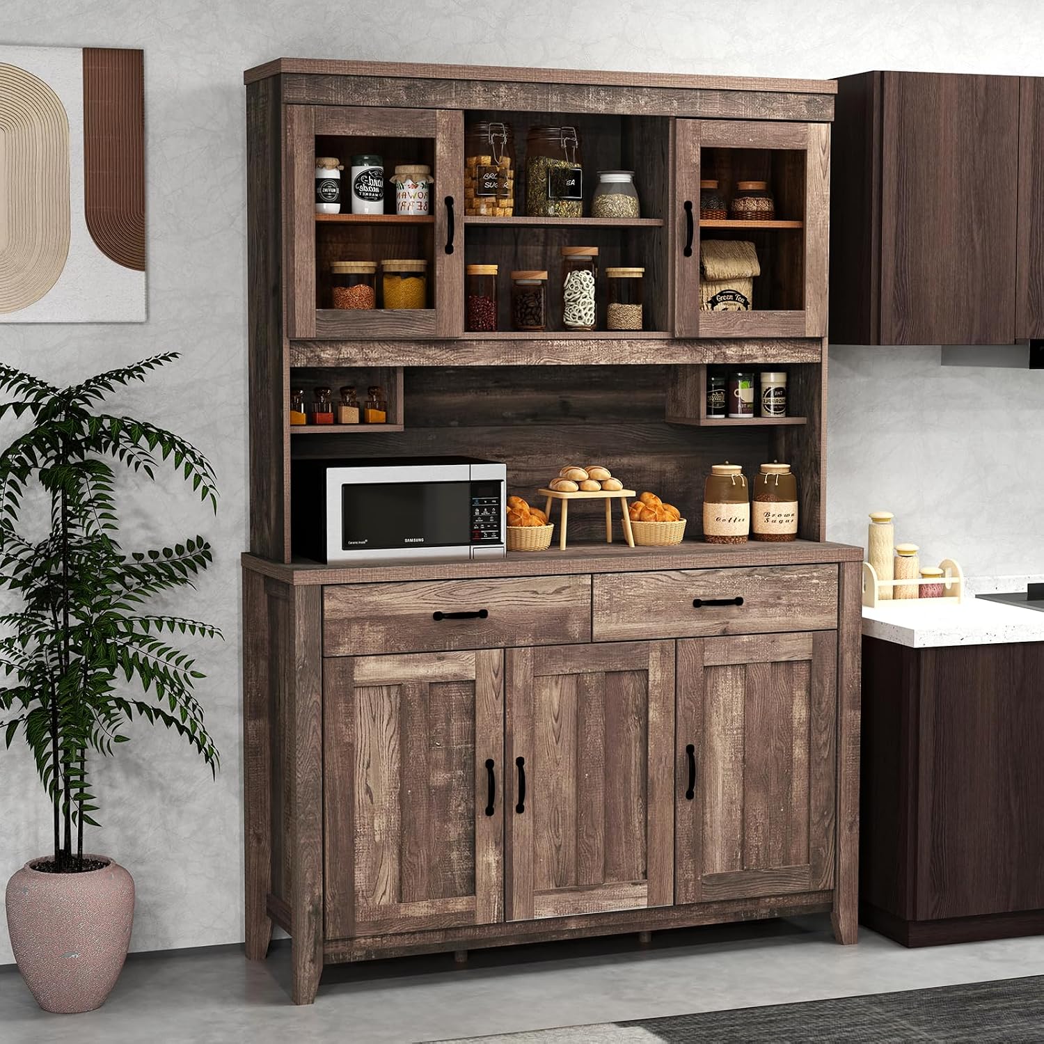 78.5" Tall Kitchen Hutch Storage Cabinet, Large Buffet Cupboard with Glass Doors, Drawers, Adjustable Shelves, Wooden Kitchen Pantry Cabinet with Microwave Shelf for Home Coffee Bar