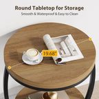 Round End Table Set of 2, 2 Tier Industrial Side Table, Nightstand with Metal Frame, Accent Bedside Table with Storage Shelves for Living Room, Bedroom, Small Spaces, Light Brown & Black