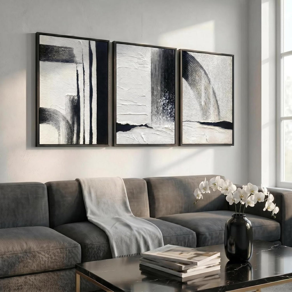 Black and White Textured Abstract Wall Art for Living Room, 3 Piece Framed Modern Artwork for Walls, Hand Painted Minimalist 3D Oil Paintings for Hallway Office Wall Decor 24x48 In