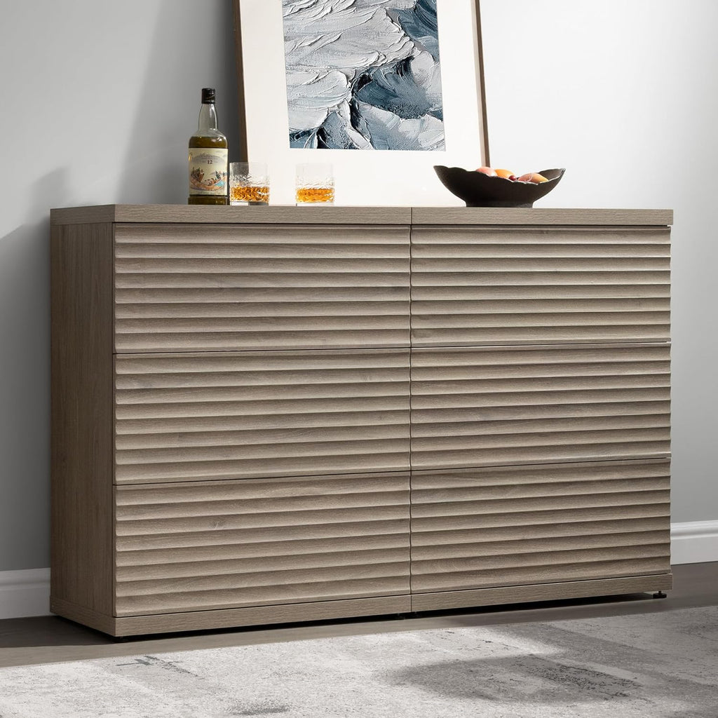 SICOTAS Fluted Sideboard Buffet Cabinet with Storage, Modern Credenza Storage Cabinet with 3 Larger Drawers, Mid Century Coffee Bar Table for Living Room Entryway Kitchen, Grey Alder (2 PCS)