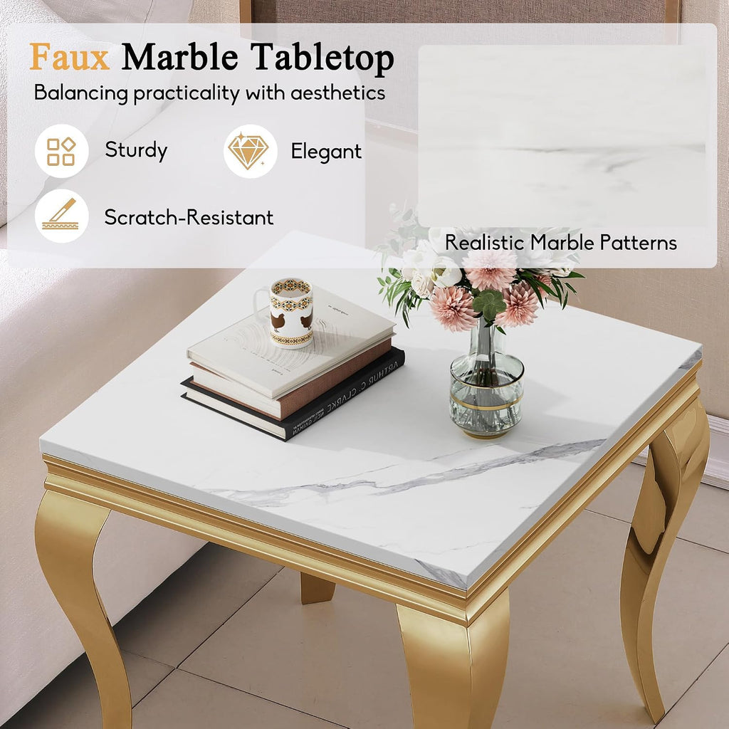 Luxury Marble Side Table, Square End Table with Faux Marble Tabletop & Gold Stainless Steel S Legs, Modern Sofa Side Table for Living Room, Bedroom, Home Decor