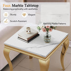 Luxury Marble Side Table, Square End Table with Faux Marble Tabletop & Gold Stainless Steel S Legs, Modern Sofa Side Table for Living Room, Bedroom, Home Decor