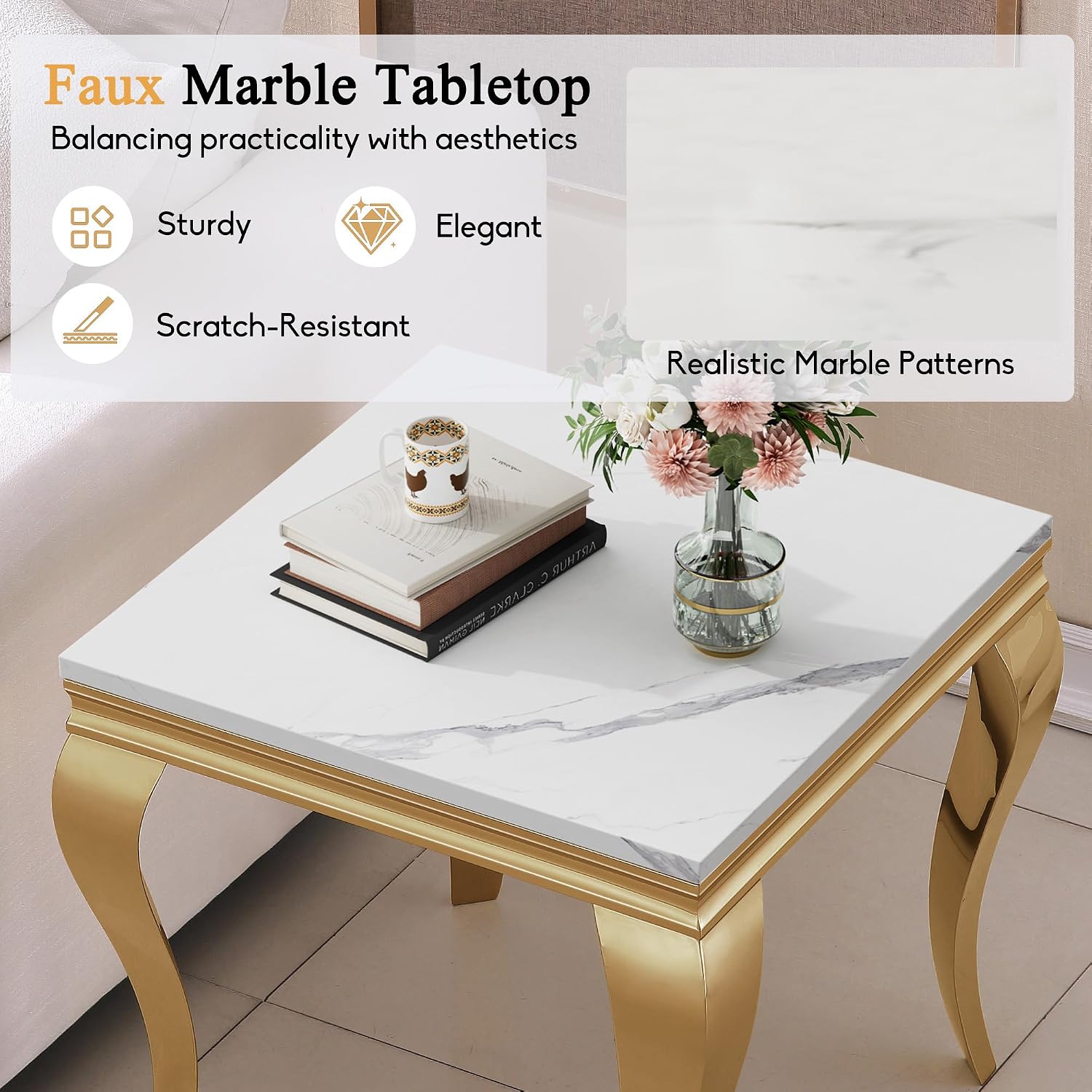 Luxury Marble Side Table, Square End Table with Faux Marble Tabletop & Gold Stainless Steel S Legs, Modern Sofa Side Table for Living Room, Bedroom, Home Decor