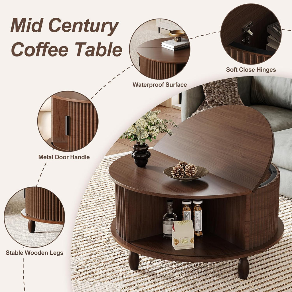 Small Round Coffee Table with Storage, 31.5" Mid Century Modern Coffee Tables with 180° Sliding Cabinet Door, Fluted Circle Drum Center Table for Living Room Small Space, Walnut