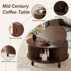 Small Round Coffee Table with Storage, 31.5" Mid Century Modern Coffee Tables with 180° Sliding Cabinet Door, Fluted Circle Drum Center Table for Living Room Small Space, Walnut