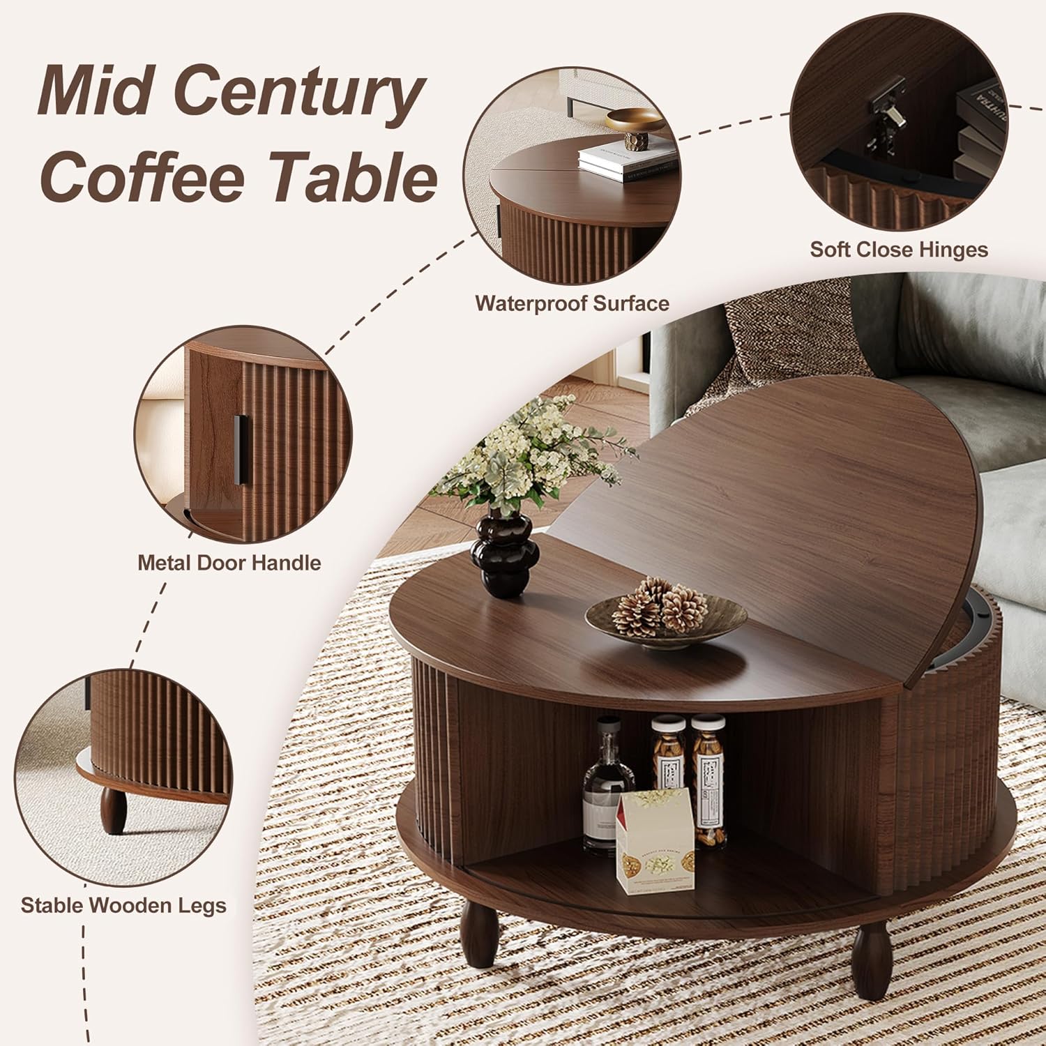 Small Round Coffee Table with Storage, 31.5" Mid Century Modern Coffee Tables with 180° Sliding Cabinet Door, Fluted Circle Drum Center Table for Living Room Small Space, Walnut