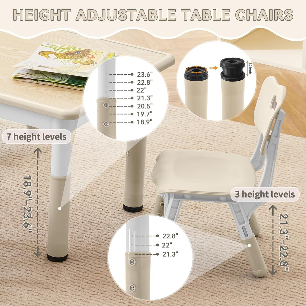 GITAWUSA Kids Study Table and Chairs Set, Height Adjustable Toddler Table and Chair Set for Kids Ages 3-8, 23.6" L x 23.6" W Graffiti Desktop Plastic Children Art Table with 2 Seats, Burlywood