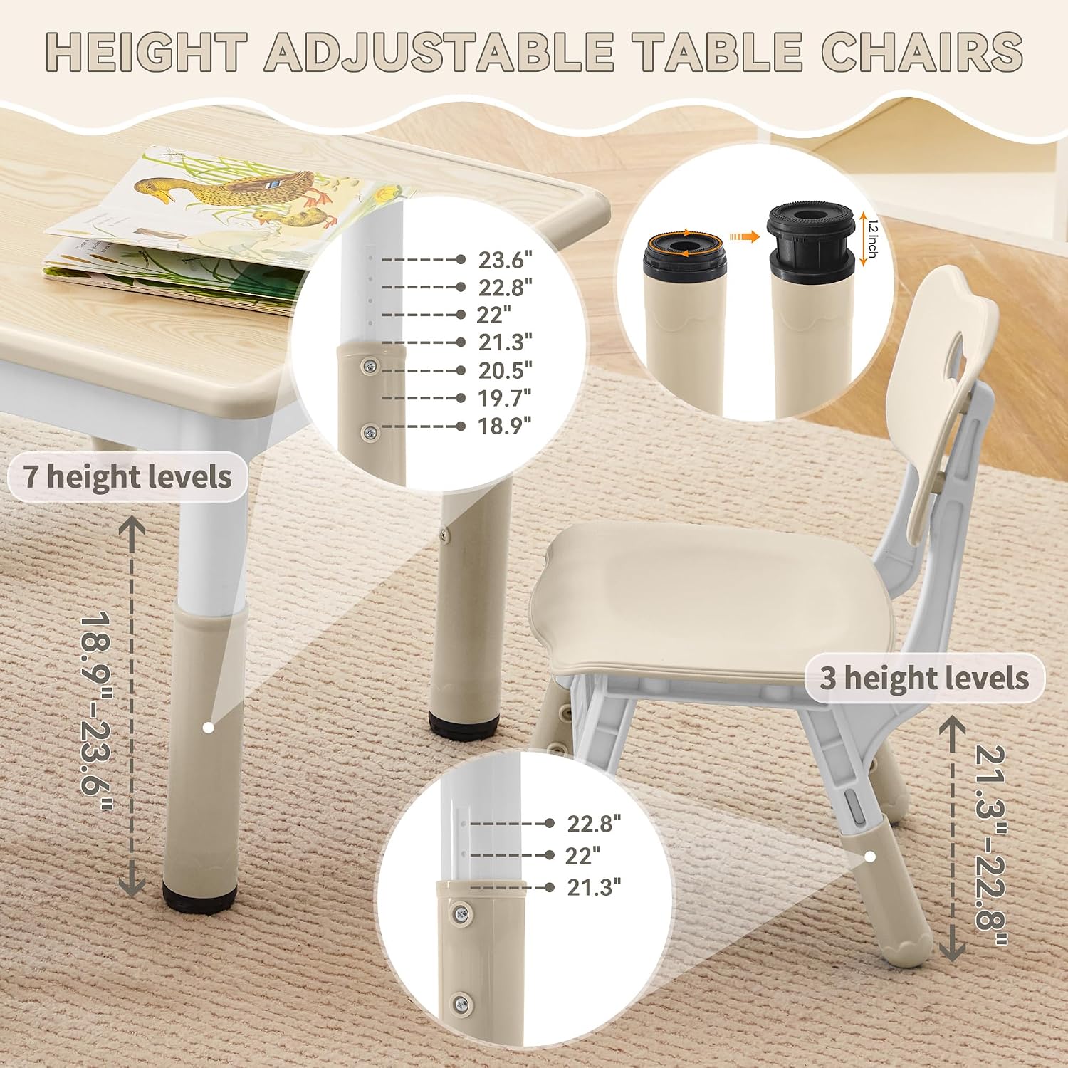 GITAWUSA Kids Study Table and Chairs Set, Height Adjustable Toddler Table and Chair Set for Kids Ages 3-8, 23.6" L x 23.6" W Graffiti Desktop Plastic Children Art Table with 2 Seats, Burlywood