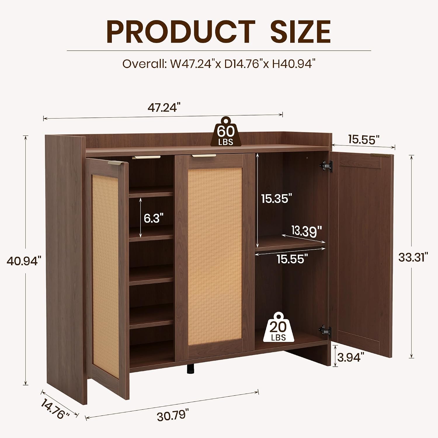 Shoe Cabinet, 41" Tall Rattan Shoe Storage Organizer Cabinet, Adjustable Shelves, 6-Tier Farmhouse Boho Wooden Storage Cabinet for Entryway Hallway Closet Bedroom,Walnut