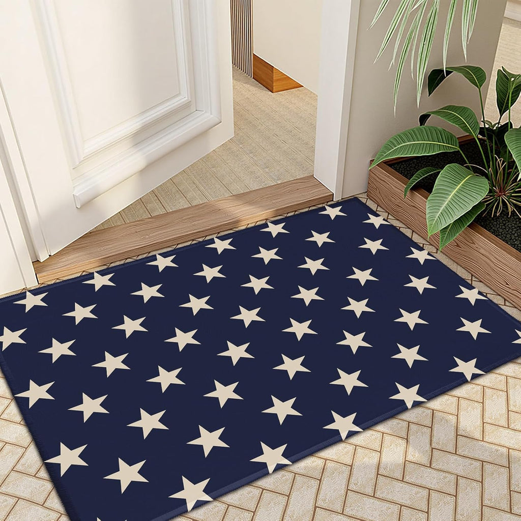 Patriotic Star Doormat Blue 4th of July Memorial Day Independence Day Decorative Front Door Mat Decor Neutral Farmhouse Floor Mats for Entryway Indoor Outdoor Outside Entrance, 32x20 Inch