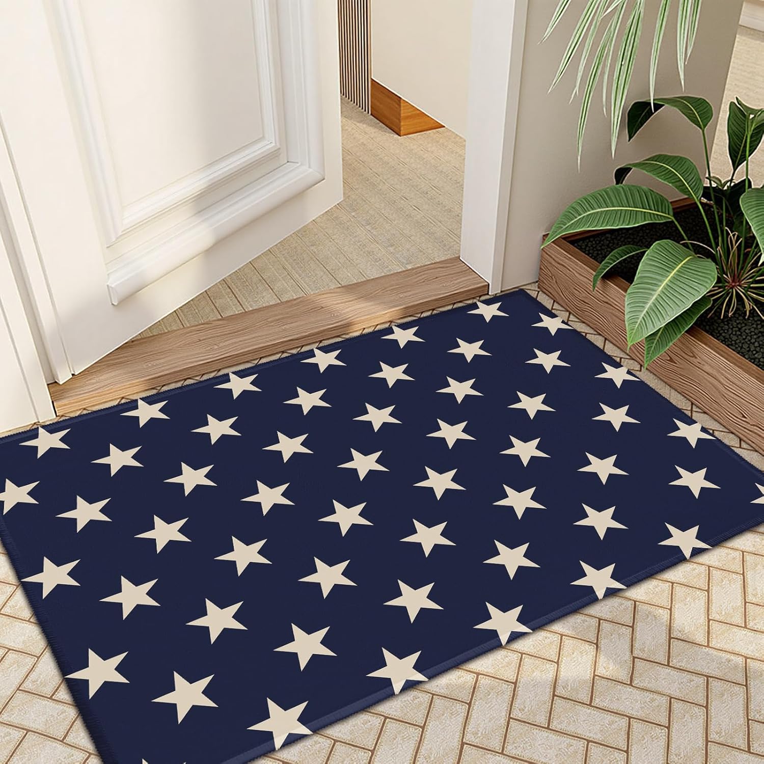 Patriotic Star Doormat Blue 4th of July Memorial Day Independence Day Decorative Front Door Mat Decor Neutral Farmhouse Floor Mats for Entryway Indoor Outdoor Outside Entrance, 32x20 Inch