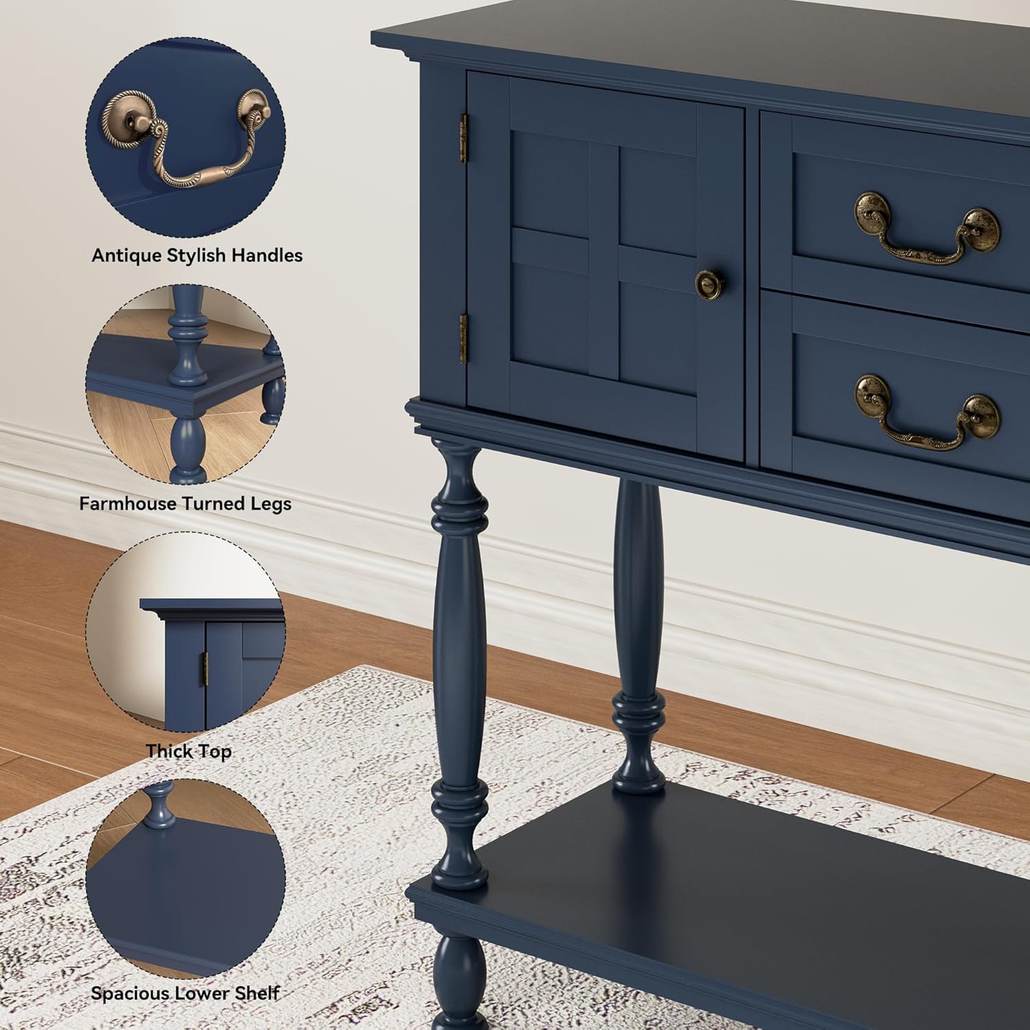 Farmhouse Console Table with Storage, Narrow Entryway Table with 2 Drawers & 2 Door Cabinets, Sofa Table Behind Couch with Shelf for Living Room, Entryway