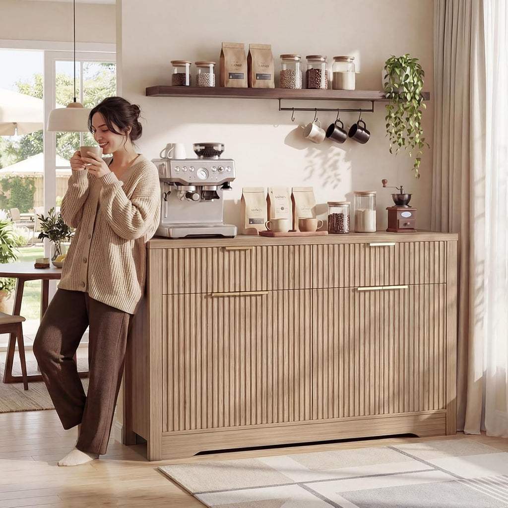 Cyclysio 55" Fluted Buffet Cabinet with Drawers, Modern Sideboard Credenza with Adjustable Shelves, Coffee Bar Table with Storage for Dining Room, Entryway, Kitchen, Natural Oak