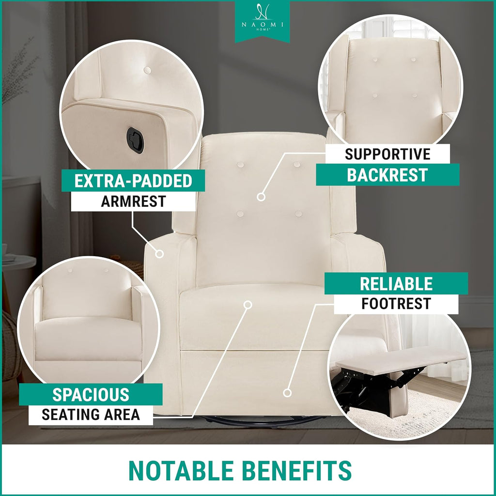 Naomi Home Swivel Rocker Recliner Chair for Adults and Elders, Comfortable Living Room Recliner with 360° Swivel, Manual Reclining with Adjustable Footrest, Ergonomic Back Support