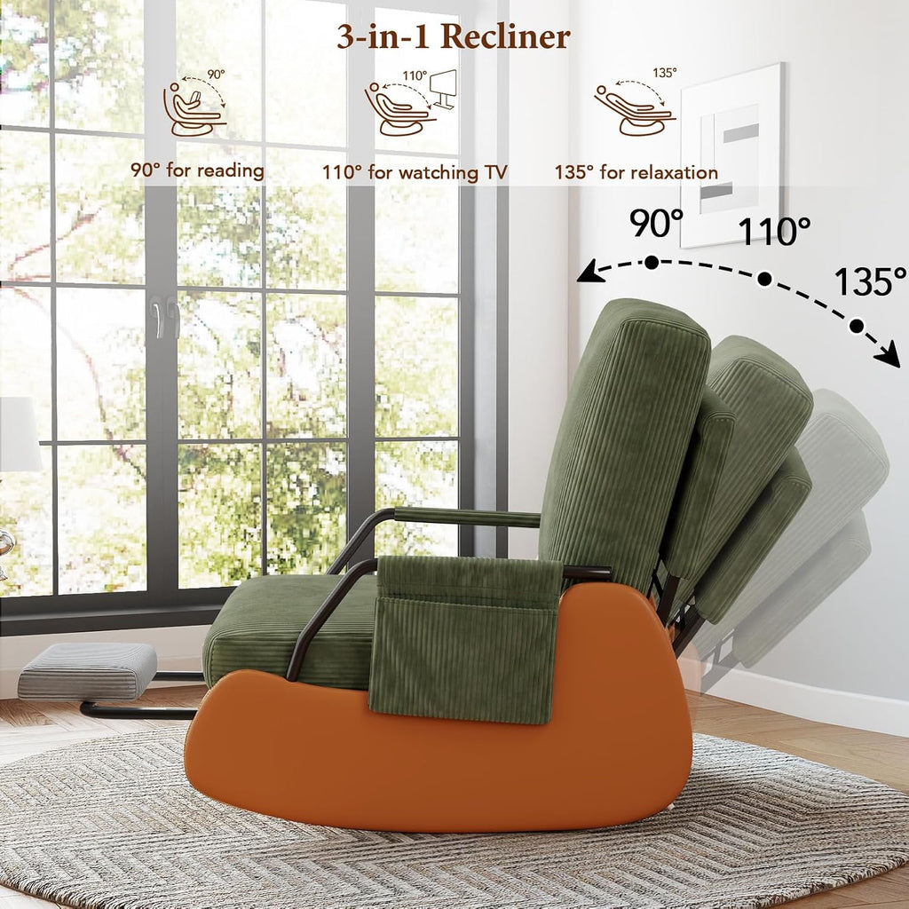 Furniliving Modern Glider Rocking Chair, Upholstered Nursery Glider Chair with Adjustable Recline & Retractable Footrest, Comfortable Lounge Chair for Mom Nursery Living Room Bedroom (Green)