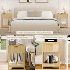 Modern Nightstand, Boho Bedside Table with Drawer and Opening Storage, Mid Century Wood End Table for Living Room Fluted Night Stand with Solid Wood Legs for Bedroom, Oak, 1pc