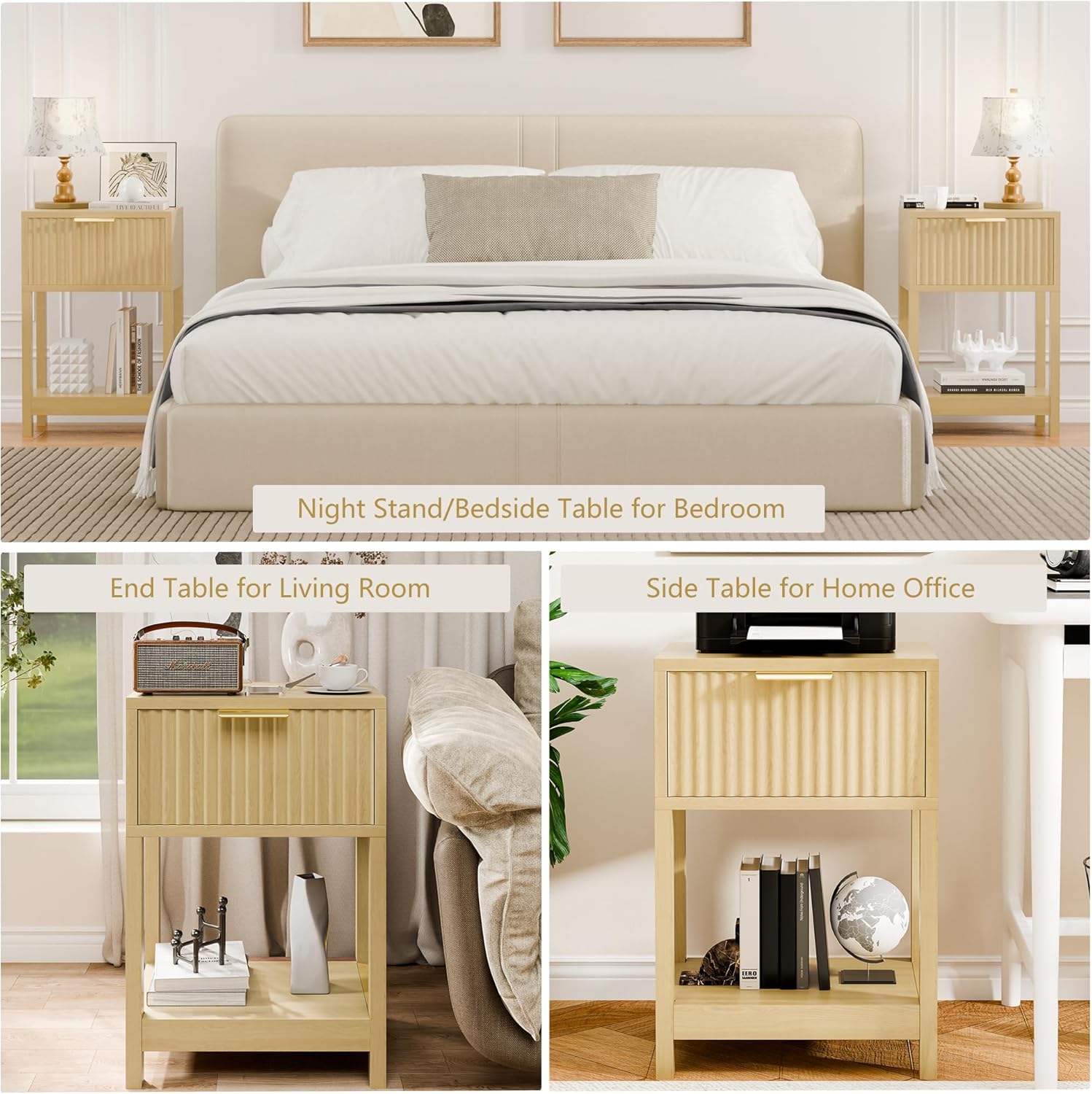 Modern Nightstand, Boho Bedside Table with Drawer and Opening Storage, Mid Century Wood End Table for Living Room Fluted Night Stand with Solid Wood Legs for Bedroom, Oak, 1pc