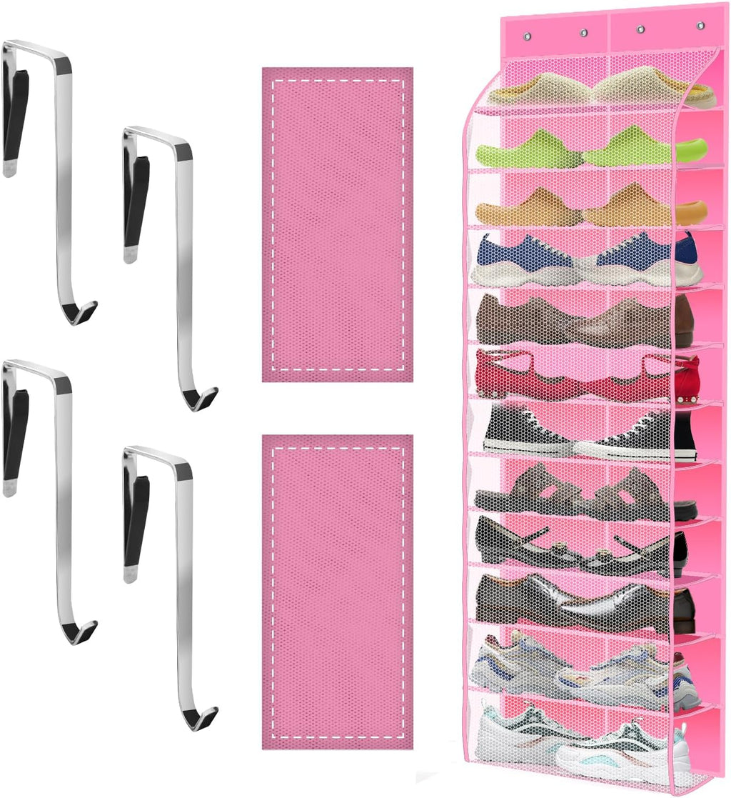 Kotkn Over The Door Shoe Organizer with 12 Large Breathable Pockets - Durable Hanging Storage for the Entire Family's Shoes (Pink)