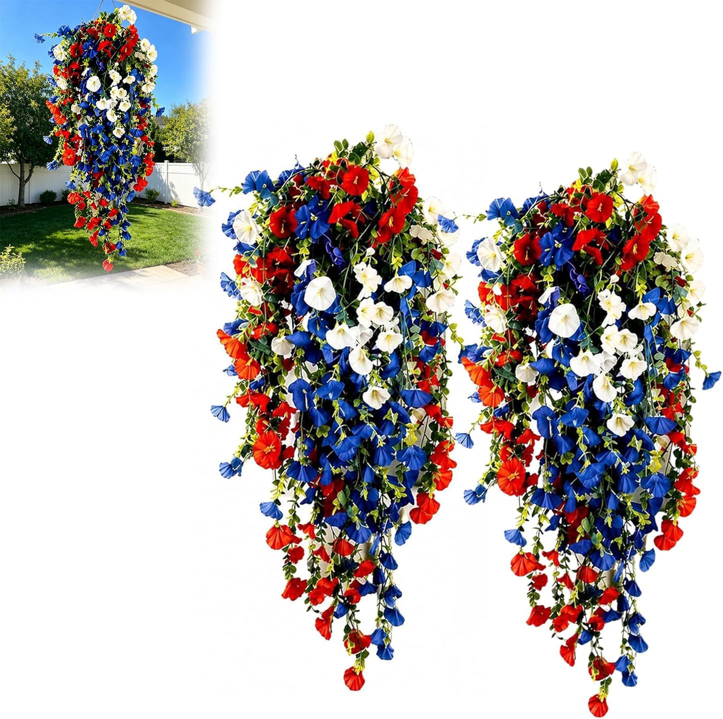 4th of July Decoration Tricolor Patriotic Artificial Flower, UV Resistant Red White Blue Artificial Morning Glory Vines, Patriotic Artificial Plants for Independence Day, Outdoor Decor (2 Pcs)