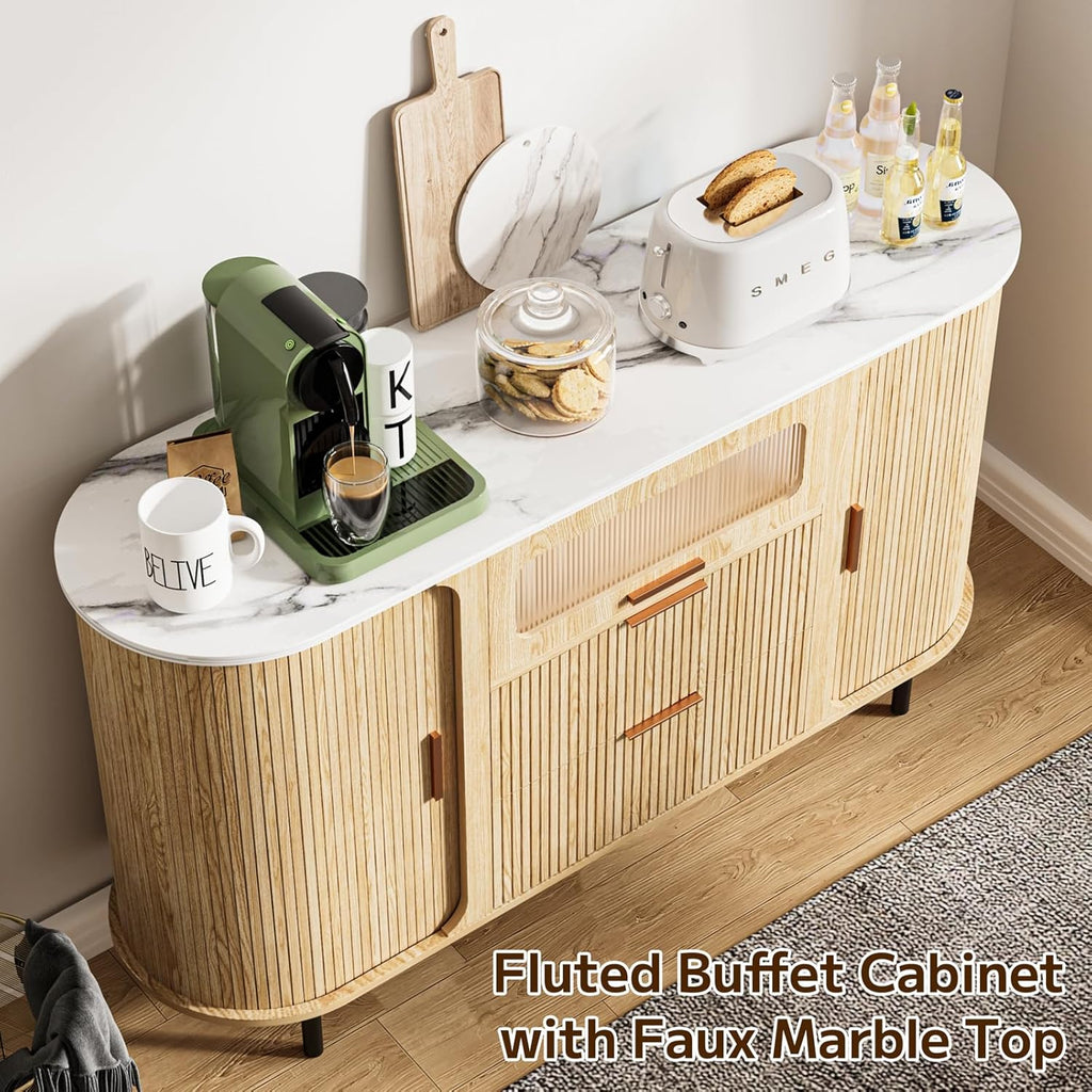 54" Fluted Sideboard Buffet Cabinet with Storage, Mid Century Coffee Bar with LED Light & Slide Doors, 2 Drawers, Modern Storage Cabinet for Kitchen, Living Room, Faux White Marble Top, Oak