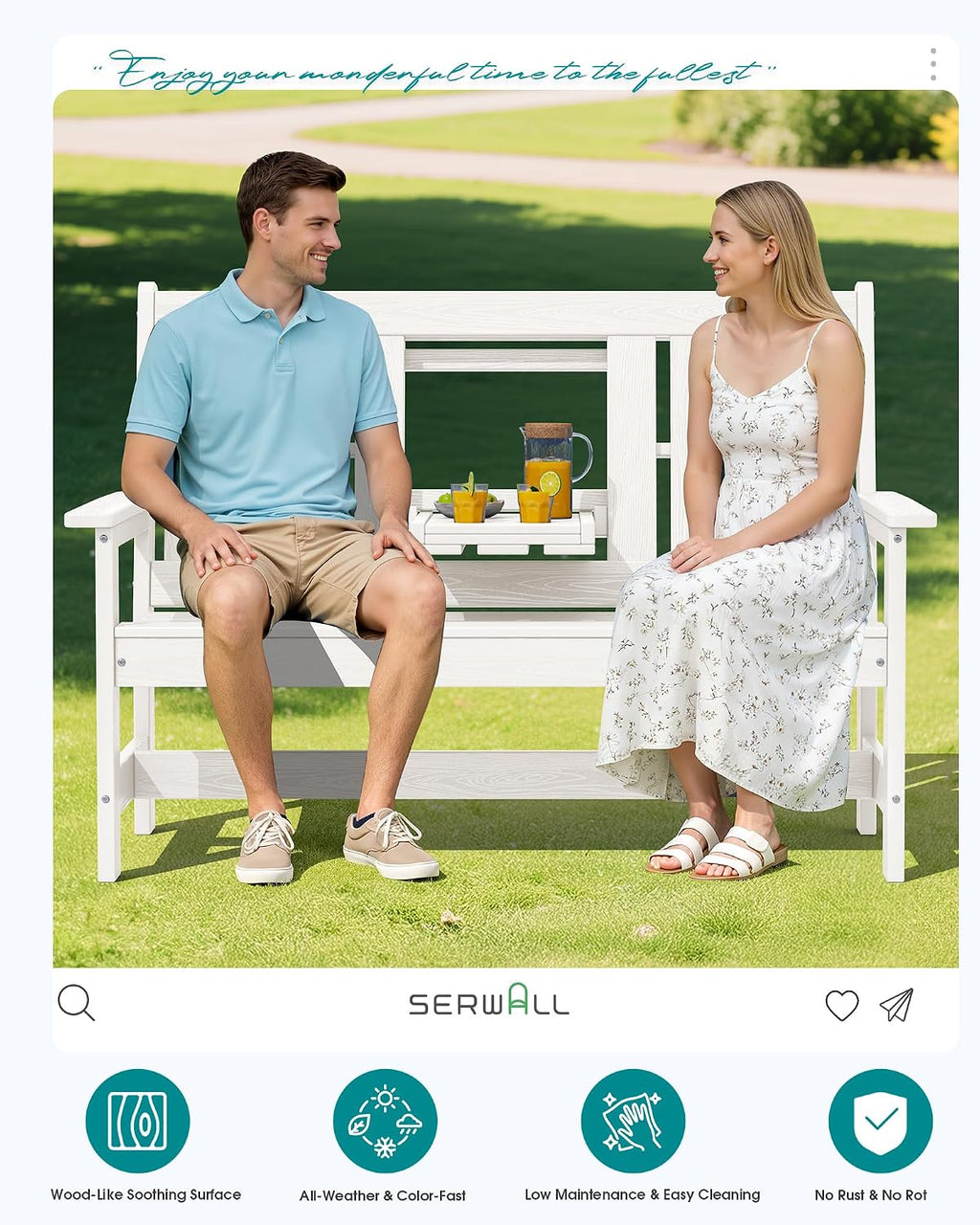SERWALL Outdoor Bench with Cup Holder, Oversized 58" HDPE Porch Bench Suitable for 3 Person, All Weather Patio Benches with High Backrest for Garden, Park, Yard, Front Porch, White