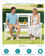SERWALL Outdoor Bench with Cup Holder, Oversized 58" HDPE Porch Bench Suitable for 3 Person, All Weather Patio Benches with High Backrest for Garden, Park, Yard, Front Porch, White