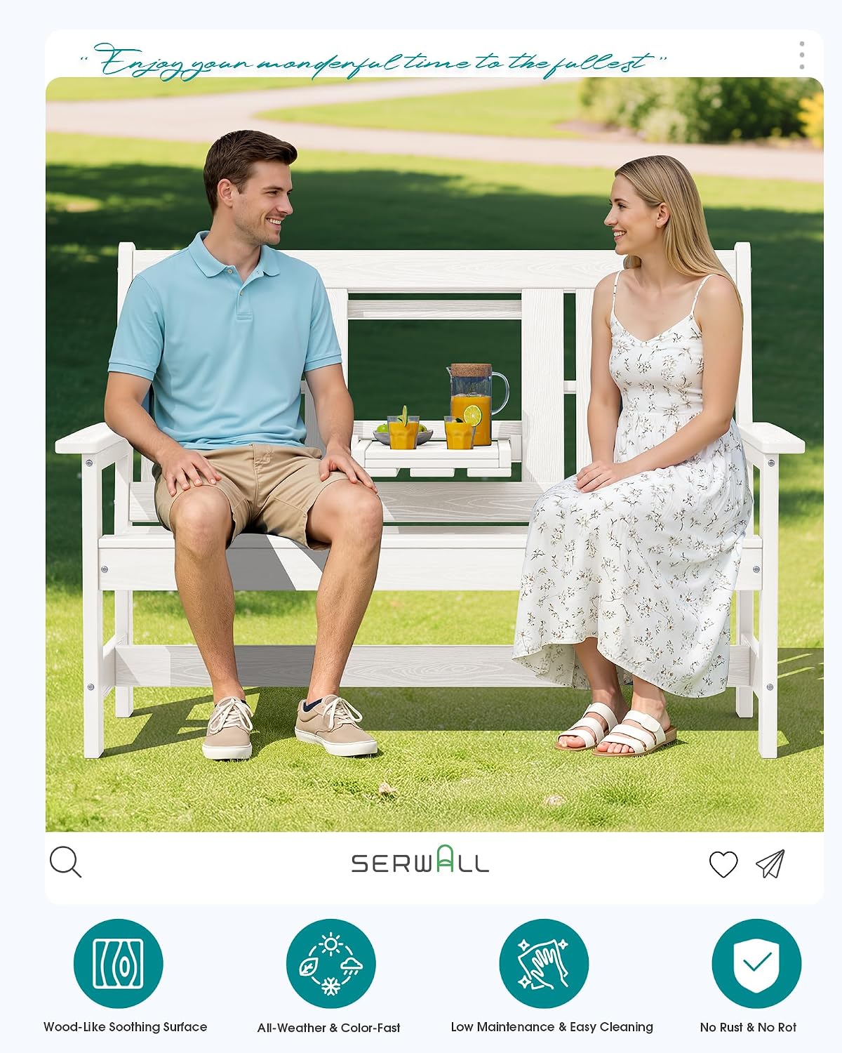 SERWALL Outdoor Bench with Cup Holder, Oversized 58" HDPE Porch Bench Suitable for 3 Person, All Weather Patio Benches with High Backrest for Garden, Park, Yard, Front Porch, White