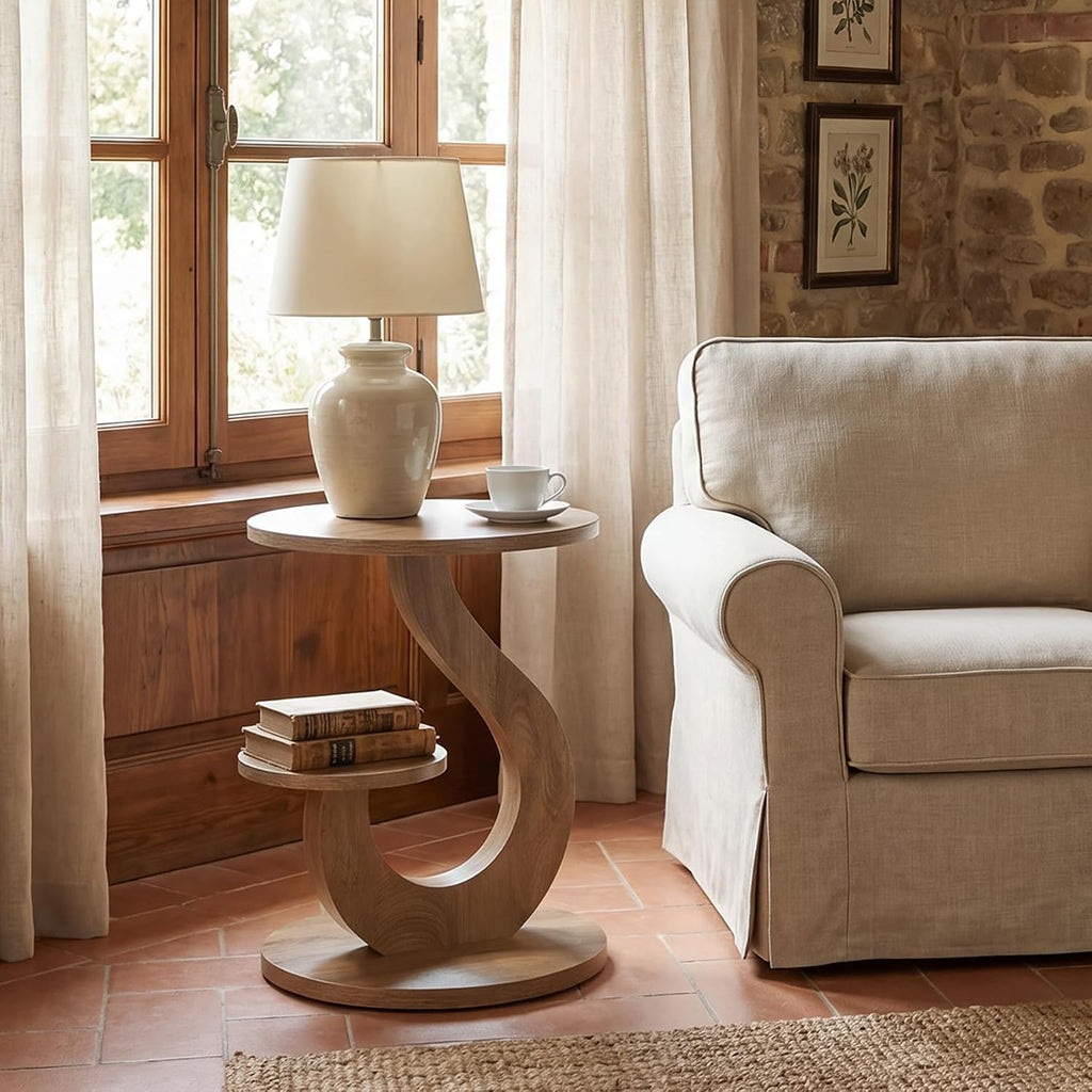 LITTLE TREE 2-Tier Round End Table, Small Side Table for Couch, Living Room, Bedroom, S-Shaped Accent Tables for Small Spaces, Walnut Finish
