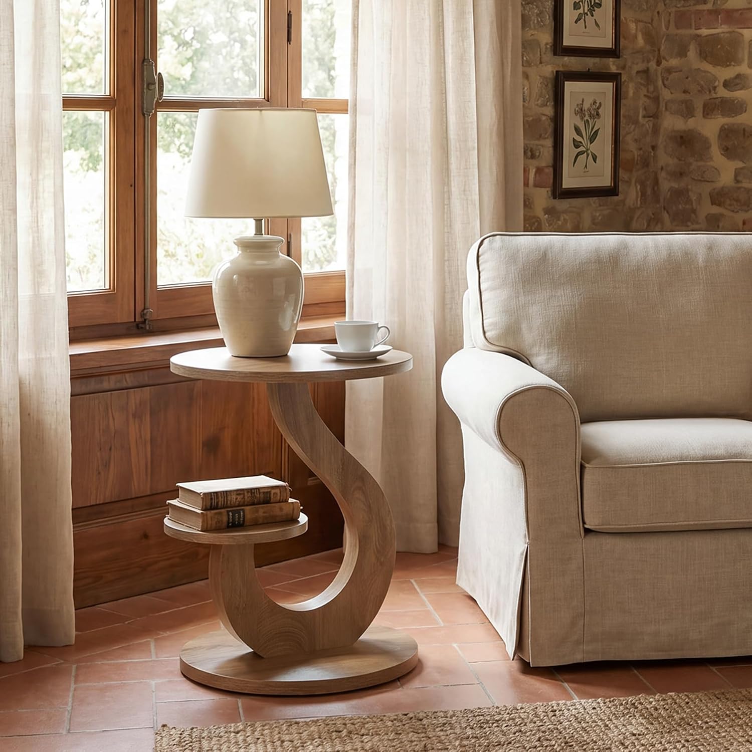 LITTLE TREE 2-Tier Round End Table, Small Side Table for Couch, Living Room, Bedroom, S-Shaped Accent Tables for Small Spaces, Walnut Finish