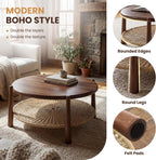 Round Coffee Table with Woven Storage Shelf, Mid-Century Modern 2-Tier Wood Center Table, Boho Coastal Circle Coffee Table for Living Room Office, Walnut Brown