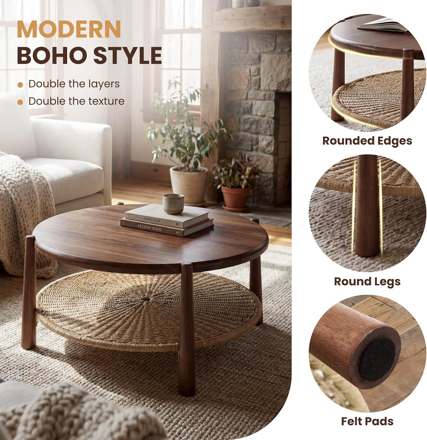 Round Coffee Table with Woven Storage Shelf, Mid-Century Modern 2-Tier Wood Center Table, Boho Coastal Circle Coffee Table for Living Room Office, Walnut Brown