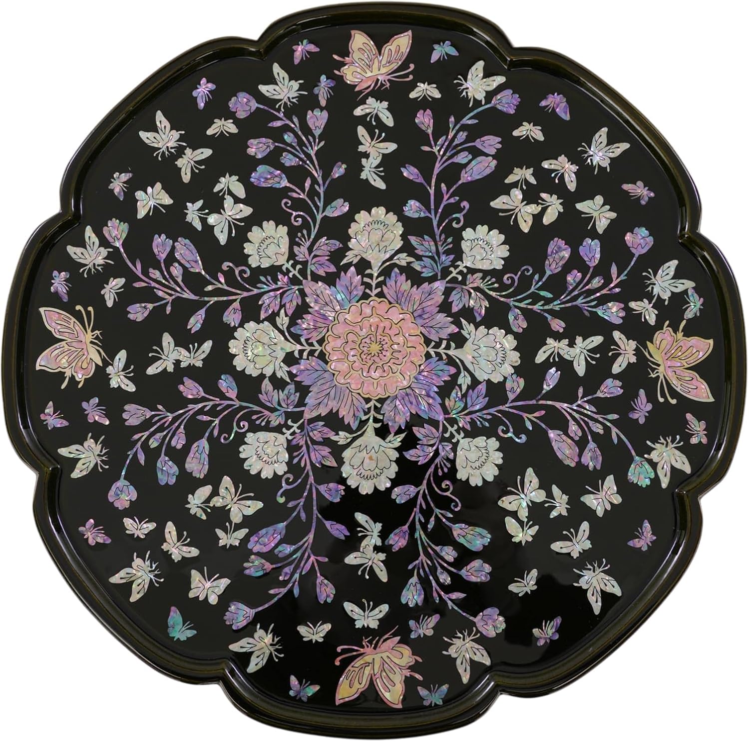 February Mountain Mother of Pearl Tray Table – Round Tea Table with Floral Butterfly Inlay, Small Decorative Side Table for Living Room, Home Decor Accent (Black)