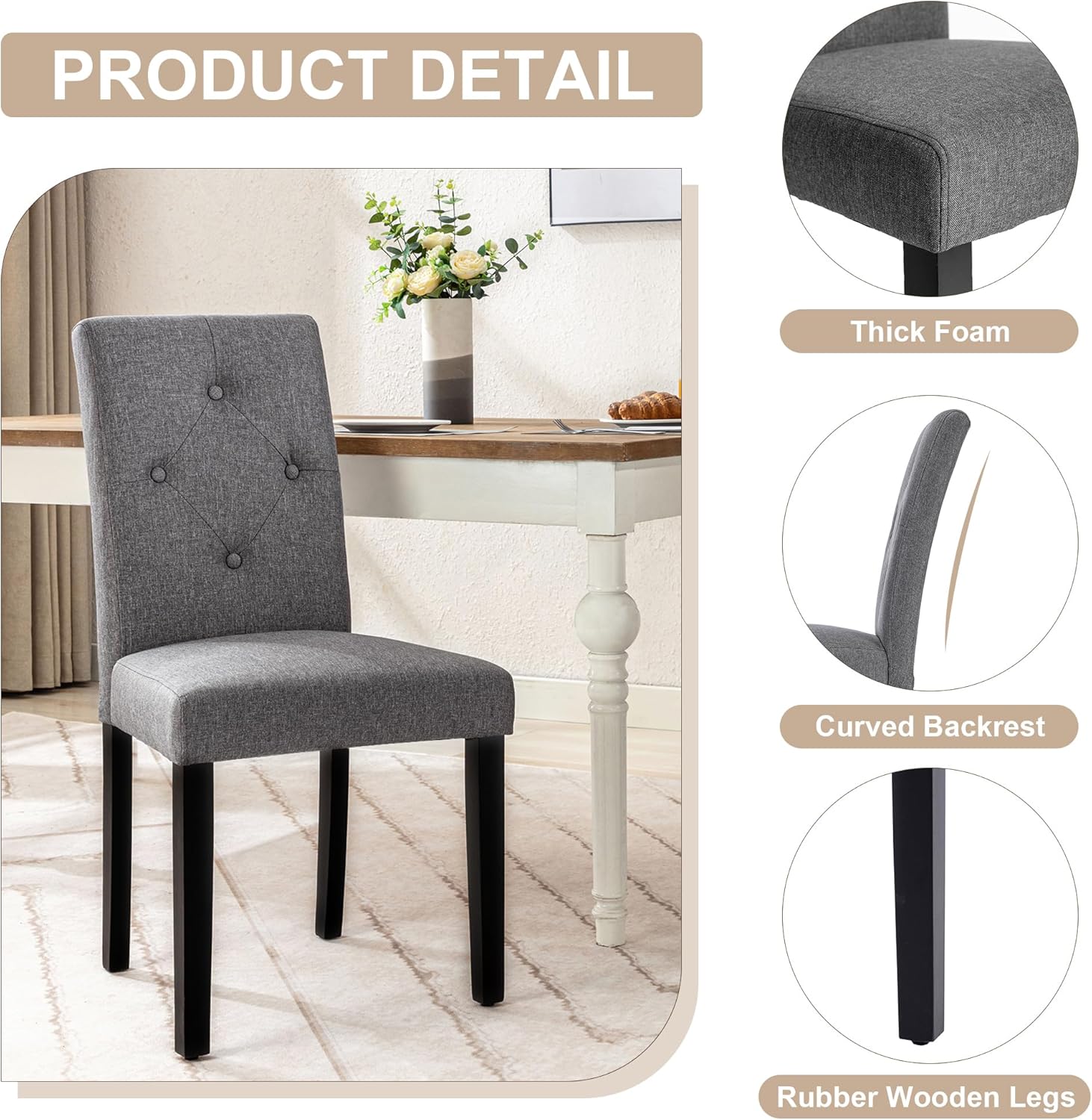 VECELO Upholstered Dining Chairs Set of 6, Modern Fabric and Solid Wood Legs &High Back for Kitchen/Living Room- Dark Gray