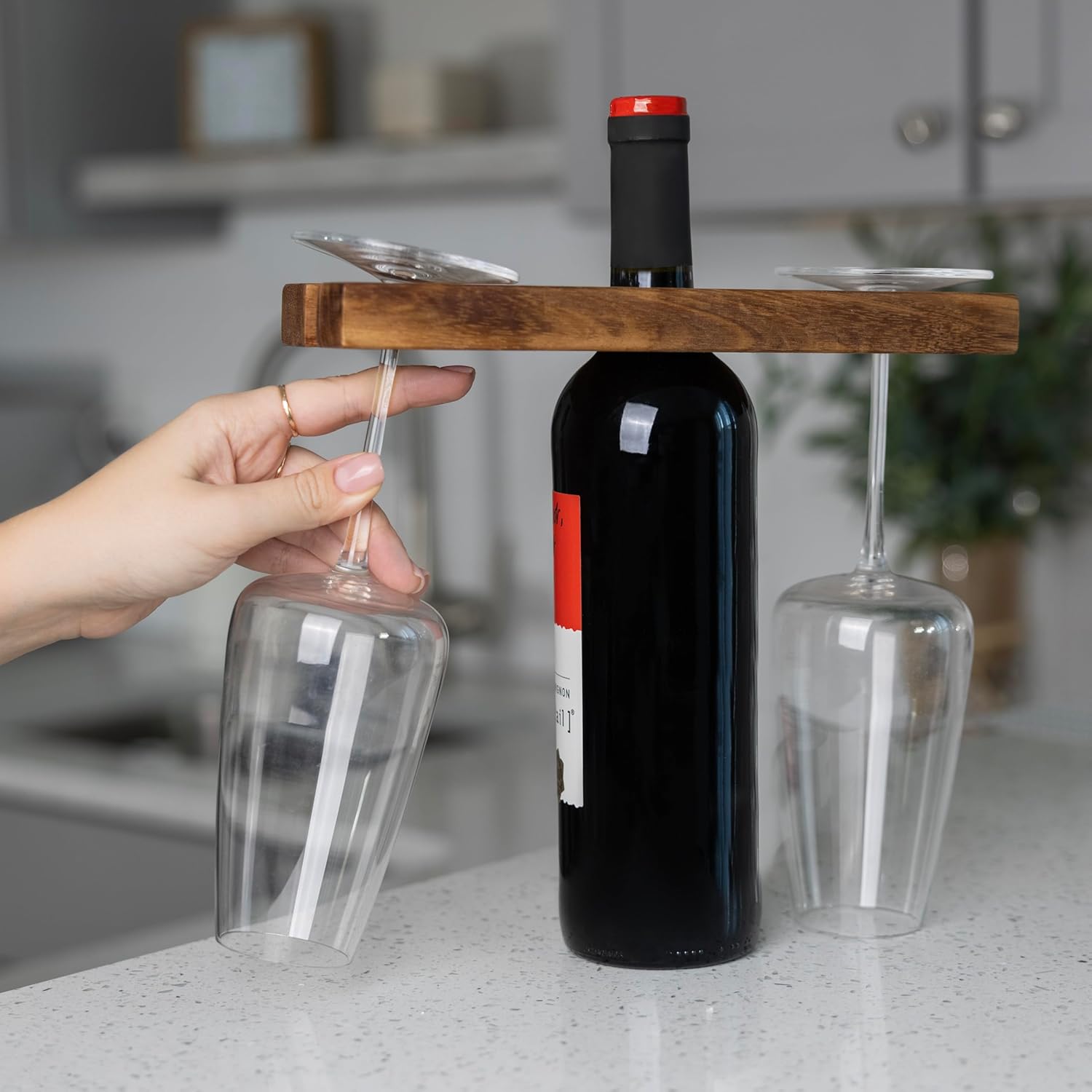 Ironwood Gourmet Acacia Wood Wine Glass Holder for Wine Bottles, Holds 2 Wine Glasses